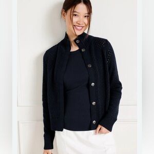 🐳🦕🌐🐋Navy Zip-Up Pointelle Knit Sweater